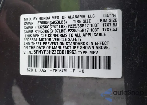 2014 Honda Pilot Lx z USA, uszkodzony, nr VIN 5FNYF3H23EB018963